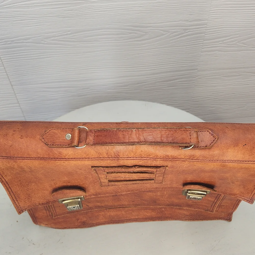 Vintage Brown Leather Briefcase: Handmade Moroccan Travel Bag, 1980s